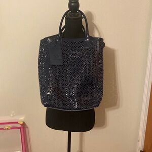 Tory Burch navy weekender top handle tote